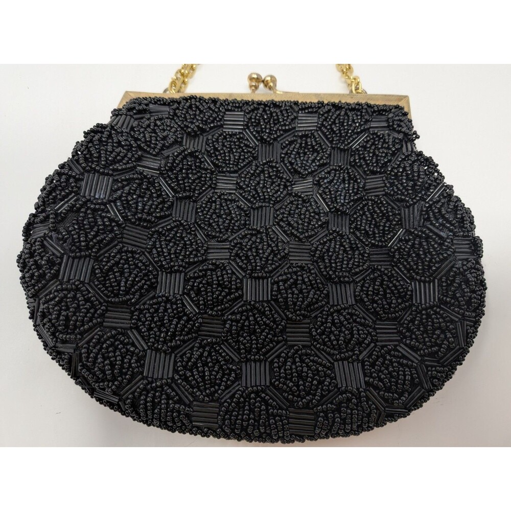 Vintage Black Beaded Evening Bag Handmade Hong Kong Gold Kiss Clasp Old Money - Picture 3 of 9